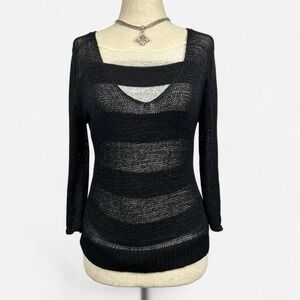 VNTG Striped Open Knit Sheer Layered Top PM Goth Grunge Indie Y2K 3/4 Sleeve